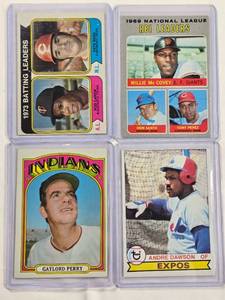 lot 223 image: Lot of 4 Vintage Baseball Cards - Gaylord Perry 1972 No. 285, Andre Dawson 1979 No. 348, 1973 Batting Leaders Rod Carew & Pete Rose, 1969 RBI Leaders Willie McCovey & Ron Santo & Tony Perez
