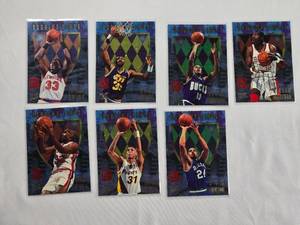 lot 226 image: Lot of 7 Basketball Scoring Kings Trading Cards Partial of a Set of 12 - Glenn Robinson, Grant Hill, Hakeem Alajuwon, Patrick Ewing, Reggie Miller, Karl Malone, Jim Jackson