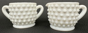 lot 51 image: Vintage Milk Glass Hob-Nail Glass Small Sugar and Creamer Set