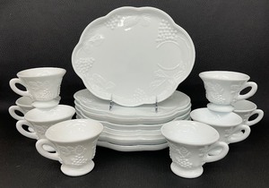 lot 40 image: Beautiful Vintage Milk Glass Luncheon Plates with Matching Pedestal Milk Glass Punch Cups - Set of 8