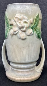 lot 30 image: Vintage Roseville Pottery Gardenia Haze Grey Vase - 683-8 with Handles - 1950s
