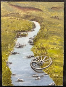 lot 63 image: Original Oil Painting Wagon Wheel in the Stream by K. Herman - Signed
