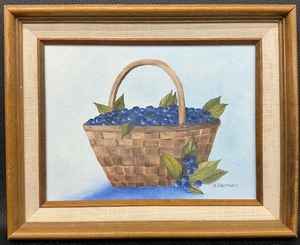lot 50 image: Original Oil Painting Basket of Fresh PIcked Blueberries by K. Herman - Signed