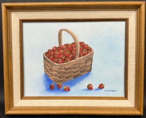 lot 71 image: Original Oil Painting Basket Full of Strawberries by K. Herman - Signed