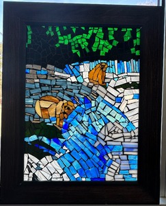 lot 126 image: Original Stained Glass Hanging Art - Two Bears in a Stream