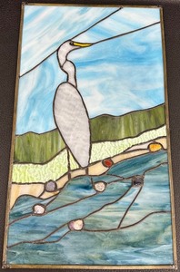 lot 74 image: Original Stained Glass Window Panel Hanging Art, Crane   Crane Stained Glass Window Panel