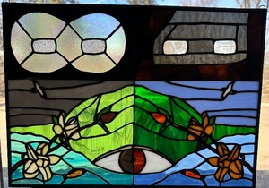 lot 93 image: Original Stained Glass Hanging Art - Birds in a Garden