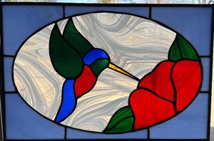 lot 94 image: Original Stained Glass Hanging Art - Hummingbird and Flower
