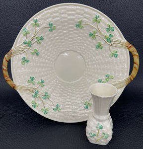 lot 57 image: Vintage Belleek Hand Painted Basket Weave Shamrock Double Open Handled Cake Plate and Small Galway Vase