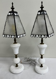 lot 44 image: Vintage White Milk Glass Hobnail Table Lamps with Custom Made Stained Glass Shades