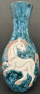 lot 60 image: Vintage Mid Century Artisan Crafted Vase with Horses - Signed