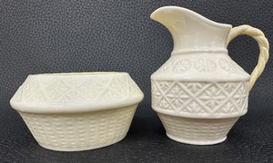 lot 76 image: Vintage Belleek Creamer and Open Sugar Bowl with Yellow Lustre Interior
