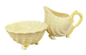lot 166 image: Belleek Shell Motif Sugar Dish and Creamer Pitcher