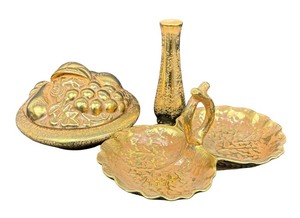 lot 96 image: Vintage Mid Century Stangl Pottery Granada Gold Vase, Lidded Dish and Serving Dish