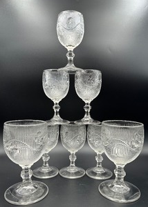 lot 67B image: Antique Flint Bellflower Single Vine Wine Glasses - Mid 1800s - Lot of 8