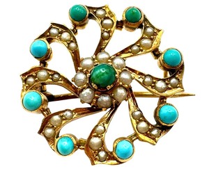 lot 4J image: Antique 14K Gold, Seed Pearl and Turquoise Bead Brooch  Pin