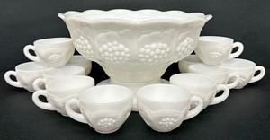 lot 20 image: Lovely Vintage Milk Glass Punch Bowl and 12 Flat-Bottomed Punch Cups - Grape and Leaf Design