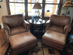 lot 7 image: 2 - Brown Leather Chairs with Ottomans - Smoke Free