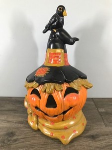 lot 384 image: Halloween Vintage Ceramic Lighted Pumpkin Scarecrow wWitch Hat & Crow - No Light