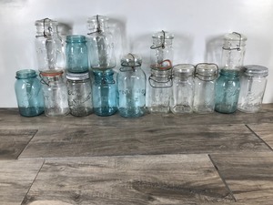 lot 398 image: Lot of 15 Vintage Canning Jars - Ball - Atlas - Kerr - Tight Seal - Pine Deluxe - Acme