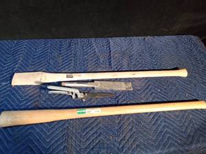 lot 73 image: 2 New Hickory axe handles, ice chisel head, hedge sheers