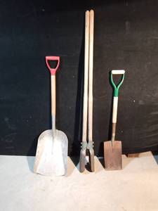 lot 83 image: Metal snow shovel, metal square shovel and a post hole digger