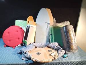 lot 243 image: Foam pieces, Poly down quilt batting, tabletop ironing boards, chair cushions, tabletop