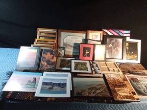 lot 210 image: Oak picture frames, Native prints, Native table runner and other pictures