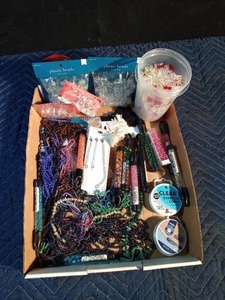 lot 183 image: Flat of beads, clear cord, and more