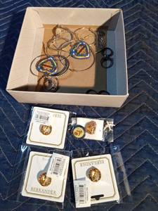 lot 139 image: Lot of jewelry including sterling silver ring, Bulova 10K gold plated watch, native earrings, Berkander multi-color crystal stone pins, 5 other rings and earrings