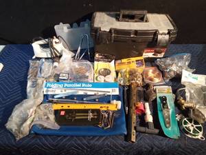 lot 152 image: Basket of toolbox, grommet tool kit, grounding kit, ceiling grid installation kit, nuts & bolts, sink faucets, strap hinges and more