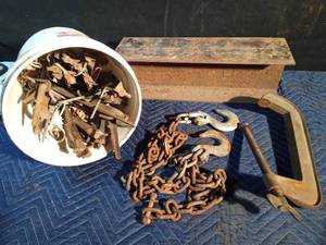 lot 150 image: 4 I beam, chain with hooks, tent stakes and C clamp