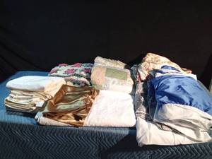 lot 230 image: 2 Queen size bed spreads, 2 full size flat sheets, afghan, chair covers, table runner and more