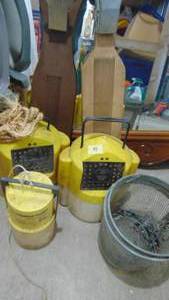 lot 14 image: 1 Metal, 3 Plastic Minnow Buckets and 2 Fish Filet Boards