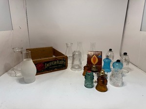lot 6 image: Vintage Glass Candle Holders, Oil Lamp Chimneys, Oil Lamp Burners, and more...
