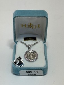 lot 38 image: Sterling Silver Round Miraculous Medal Pink Cubic Zirconia