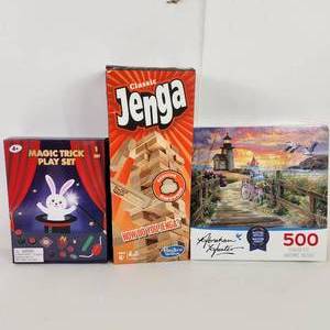 lot 33 image: Lot Of Three New Toys Jenga Magic Trick Play Set And 500 Piece Puzzle