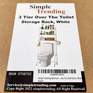 lot 51 image: New Simple Trending Over The Toilet Storage Rack, Metal 3 Tier Bathroom Organizer Shelf With Paper Holder 3 Hooks White