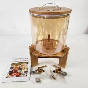 lot 61 image: U.S. Solid Beverage Dispenser Brown Glass With Wooden Base