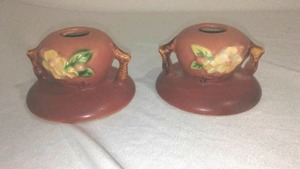 lot 709 image: Vintage Roseville Pink Apple Blossom Ceramic Candle Holders (2).