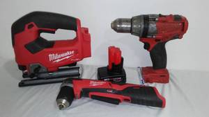 lot 777 image: Milwaukee 18V  in. Hammer DrillDriver, Jig saw, and 38 Right Angle Drill.