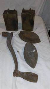 lot 467 image: Antique Sad Irons (2), Model T-Ford Ignition Coil (2) and Cast Iron Handle.