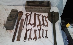 lot 469 image: Vintage Cast Iron Wrenches, Gambles Ammunition Box and more.