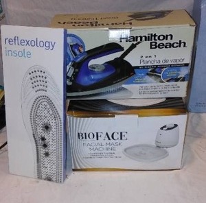 lot 476 image: New Bio Face Facial Mask Machine, Hamilton Beach Iron, and Reflexology Insoles.