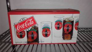 lot 767 image: NIB Sealed Always Coca-Cola Indiana Glass (8) 16 oz Coolers.