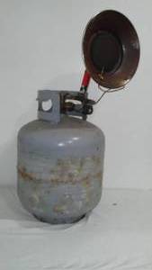 lot 848 image: Half full propane tank with Sunflower Mr. Heater.