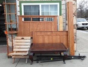 lot 909 image: Eclectic Wood Lot, 5-teir Shelf, Adirondack Style chair, Accent table and More.