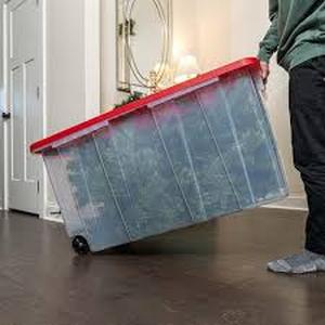 lot 2 image: 4 Pieces of HDX 77 Gal. Tough Storage Tote with Wheels in Clear with Red Lid   Customer Returns See Pictures