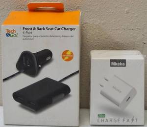 lot 17 image: (1) Front & Back Seat Car Charger - 4 - Port (1) Mkeke Charge Fast - USB -C 20W Fast Charger  NEW