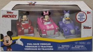 lot 32 image: Disney Junior Mickey Pull Back Vehicles 3 Pack (1) Mickey Mouse (1) Minnie Mouse (1) Daisy Duck NEW